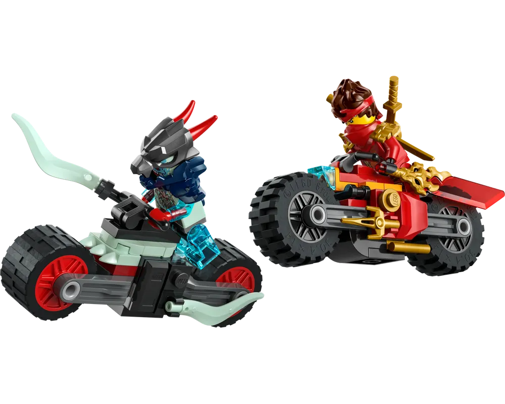 Two LEGO Ninjago motorcycles with minifigures: a black and light green bike with a horned warrior, and a red and gold bike with Kai.