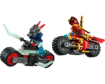 Two LEGO Ninjago motorcycles with minifigures: a black and light green bike with a horned warrior, and a red and gold bike with Kai.