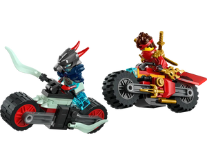 Two LEGO Ninjago motorcycles with minifigures: a black and light green bike with a horned warrior, and a red and gold bike with Kai.