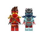 Two LEGO Ninjago minifigures, Kai in a red ninja suit with gold shoulder armor, and an ice monster with a dark grey helmet.