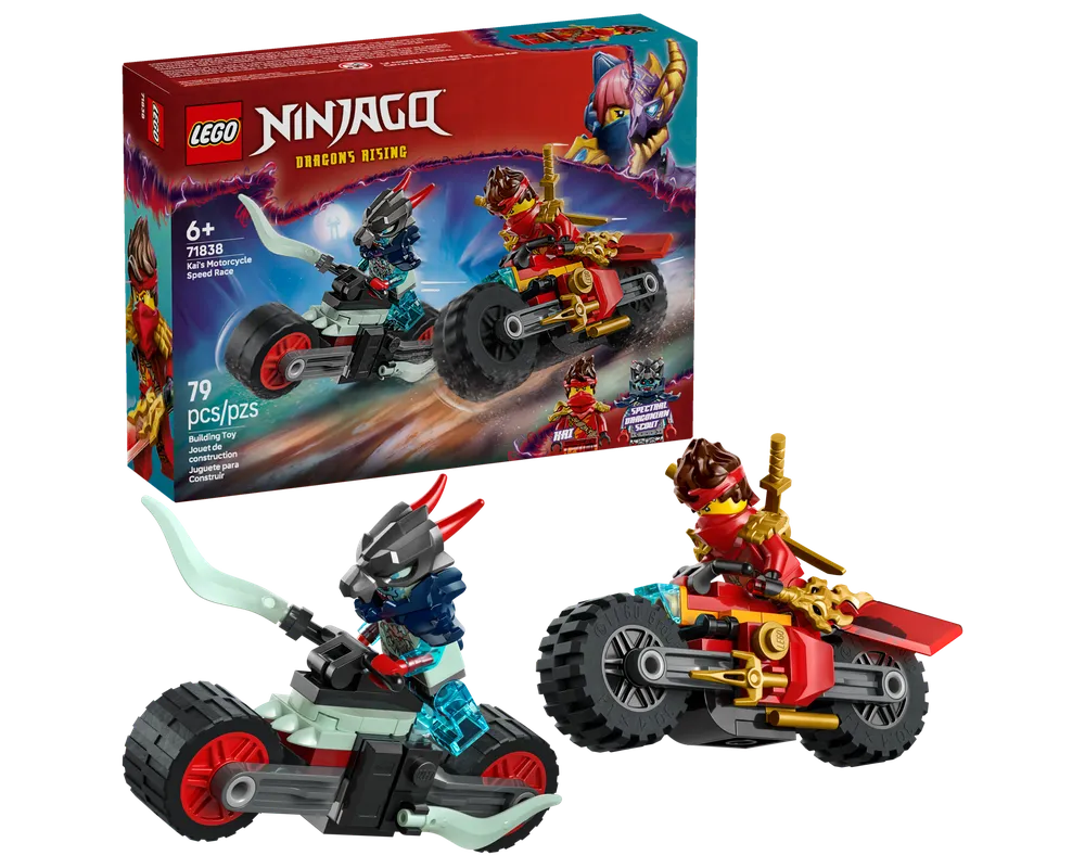 LEGO Ninjago 71838 Kai's Motorcycle Speed Race set with product box and two built motorcycles with minifigures.