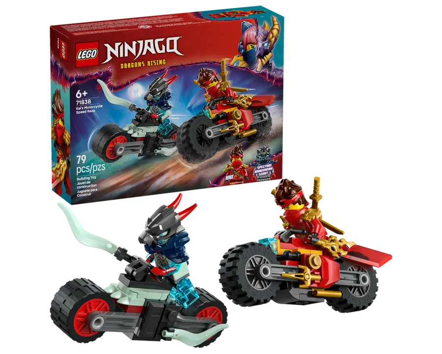 LEGO Ninjago 71838 Kai's Motorcycle Speed Race set with product box and two built motorcycles with minifigures.