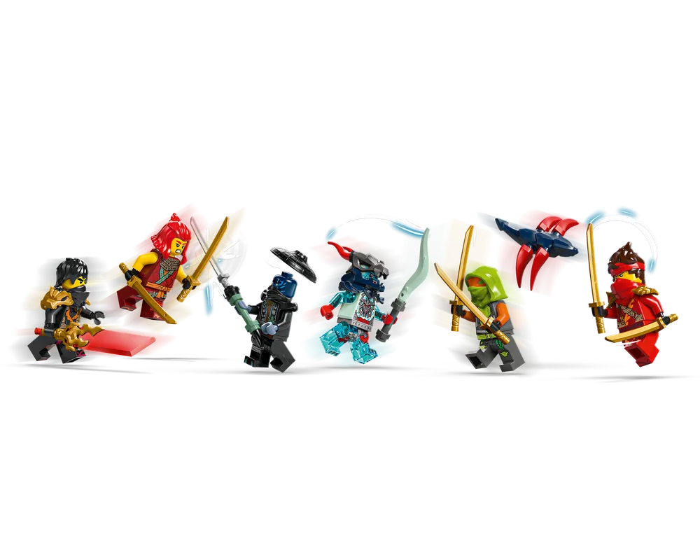 Eight LEGO Ninjago minifigures, dressed as ninjas and monsters, are engaged in battle with swords and other weapons.