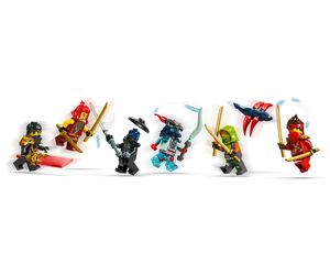 Eight LEGO Ninjago minifigures, dressed as ninjas and monsters, are engaged in battle with swords and other weapons.
