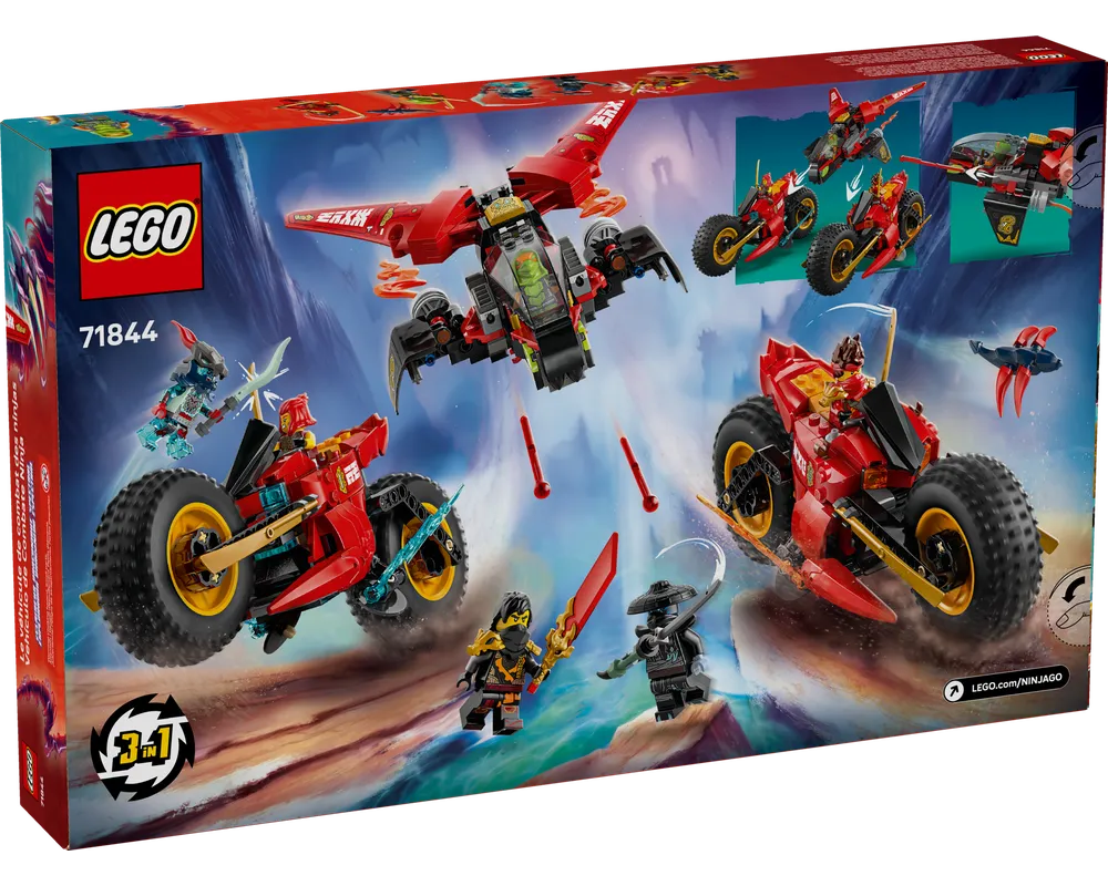 Back of LEGO Ninjago 71844 box: red transforming jet/mech, two ninja motorcycles, minifigures, and 3-in-1 options.
