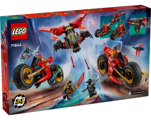 Back of LEGO Ninjago 71844 box: red transforming jet/mech, two ninja motorcycles, minifigures, and 3-in-1 options.