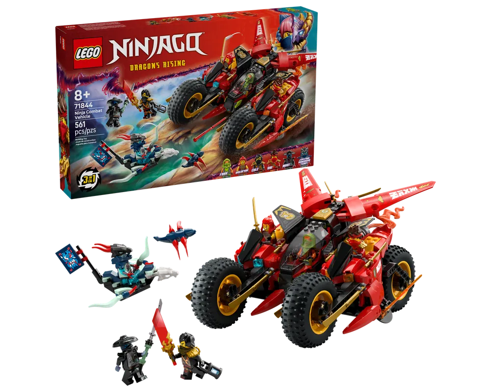 LEGO Ninjago 71844 Ninja Combat Vehicle set with a large red buggy, smaller blue creature, minifigures, and product box.