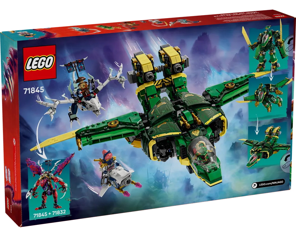 Back of LEGO Ninjago 71845 box, featuring Lloyd's Jet Mech transforming, a white dragon, and other Ninjago vehicles.