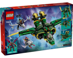 Back of LEGO Ninjago 71845 box, featuring Lloyd's Jet Mech transforming, a white dragon, and other Ninjago vehicles.