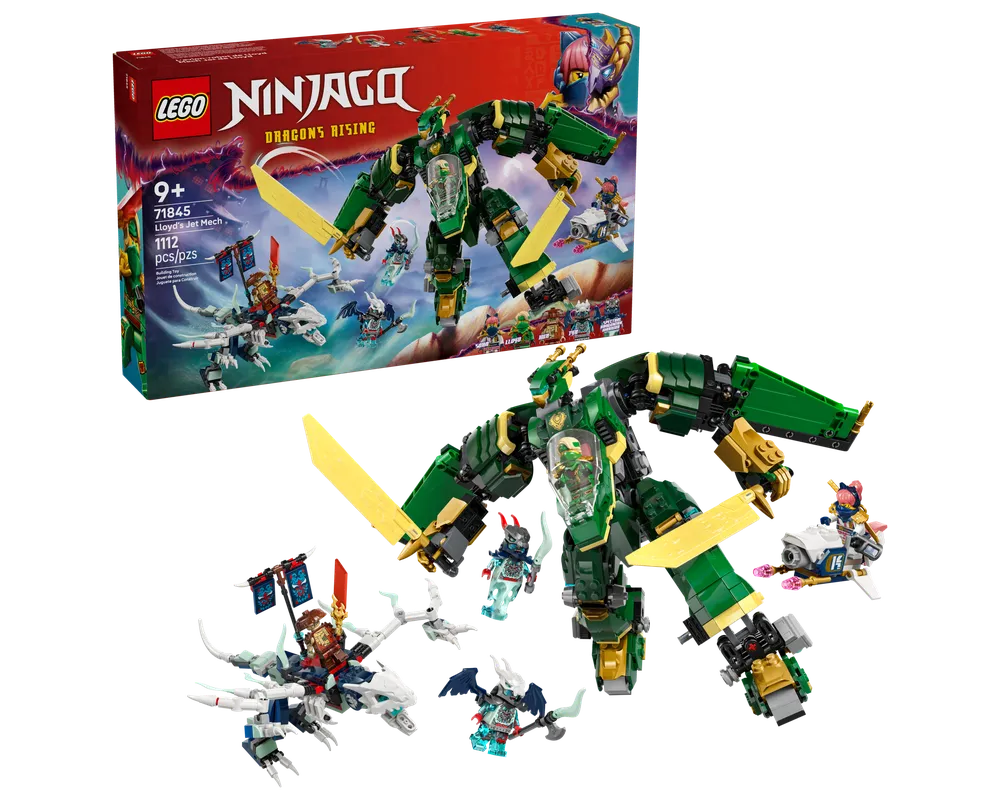 LEGO Ninjago 71845 Lloyd's Jet Mech box and assembled set with green mech, white dragon, and minifigures.