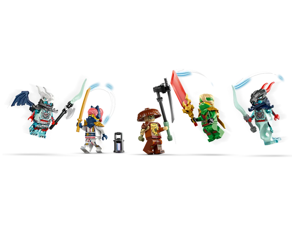 Five LEGO Ninjago minifigures: two dragon-like figures, a ninja, a mushroom character, and a warrior with a scythe.