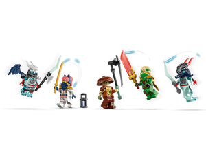 Five LEGO Ninjago minifigures: two dragon-like figures, a ninja, a mushroom character, and a warrior with a scythe.