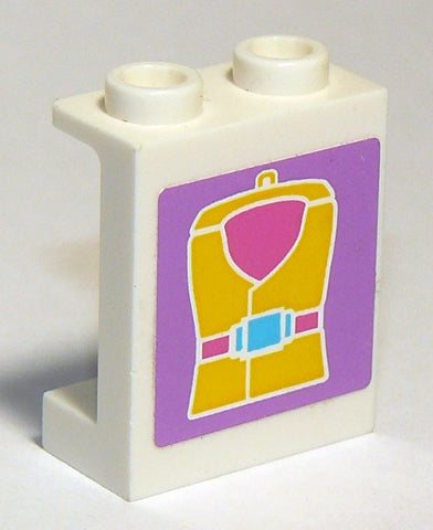 White LEGO 1x2x2 panel with side supports and hollow studs, featuring a sticker of a yellow life jacket on a purple background.