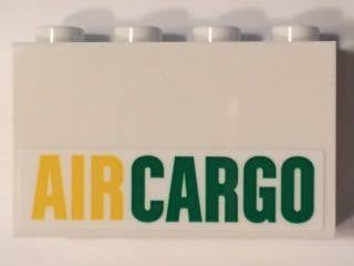 White LEGO panel 1x4x2 with hollow studs, featuring a yellow 'AIR' and green 'CARGO' sticker.