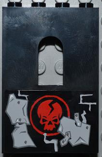 LEGO 60808pb005R - Panel 1 x 4 x 5 Wall with Window with Red Skull in Circle and Light Bluish Gray Metal Plates Wall Repairs Pattern Model Right Side (Sticker) - Set 2505