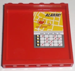Red LEGO Panel 1x6x5 with an 'ALARM!' sticker showing a map with a fire icon and a schedule grid with marked days.