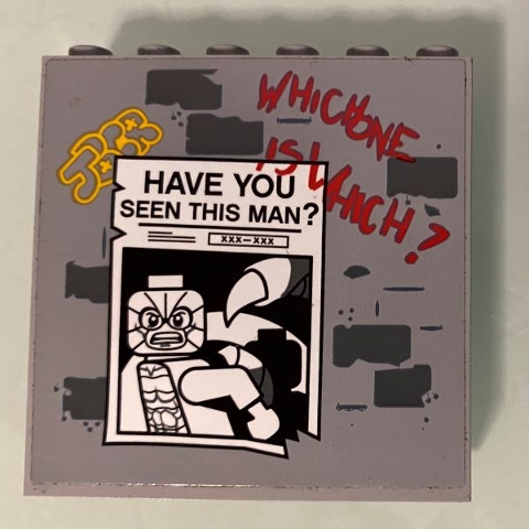 LEGO 59349pb207 - Paneel 1 x 6 x 5 met 'HAVE YOU SEEN THIS MAN' Krantenpagina, Schorpioenfoto en 'WHICHONE ISWHICH?' Patroon (Sticker) - Set 76057