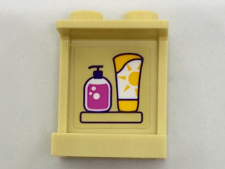 Tan LEGO panel 1x2x2 with side supports. Inside shows a dark pink liquid soap dispenser and sunscreen bottle on a shelf.