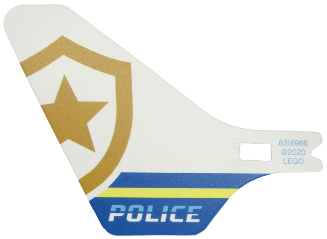 White LEGO helicopter tail fin with gold police star badge, blue and yellow stripes, and 'POLICE' text.