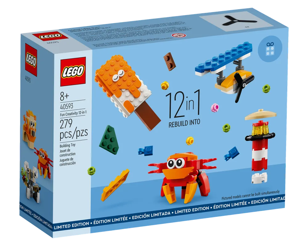 Front of LEGO 40593 Fun Creativity 12-in-1 set box. Displays a popsicle, airplane, crab, and lighthouse models.