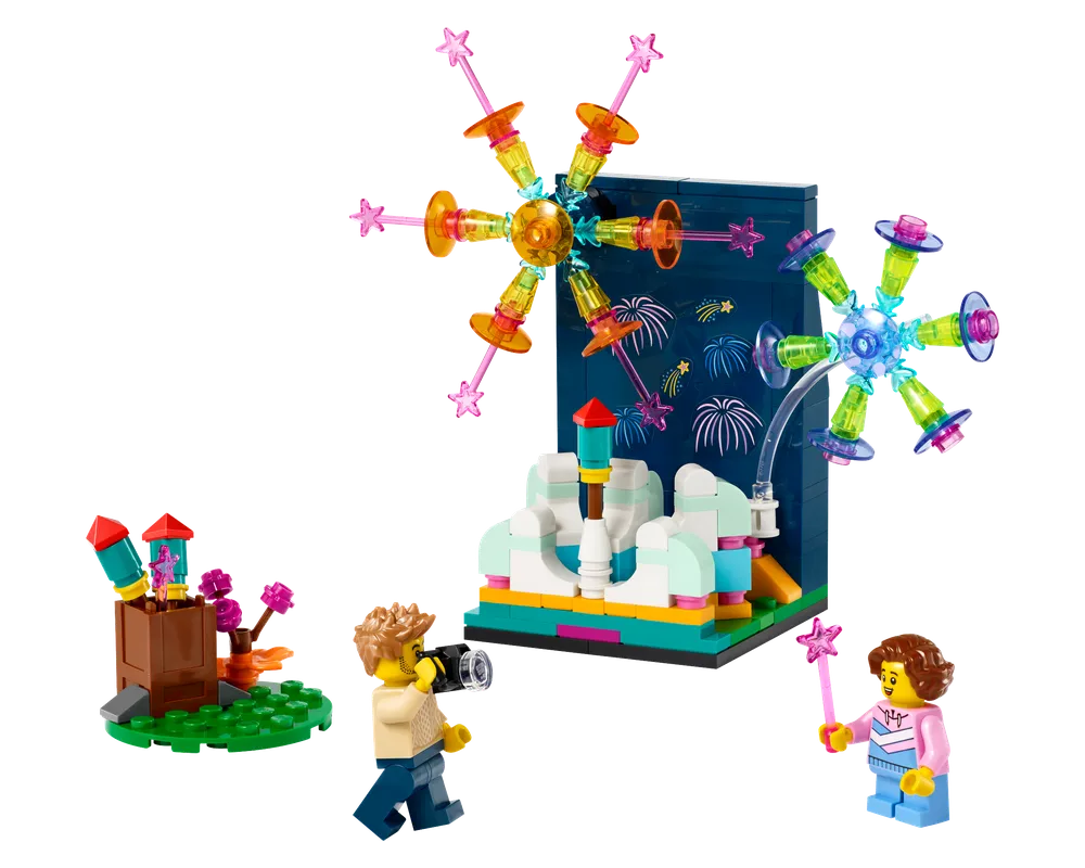 LEGO Firework Celebrations set 40689 with a dark blue backdrop, two spinning fireworks, rockets, and two minifigures.