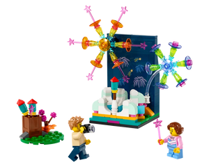 LEGO Firework Celebrations set 40689 with a dark blue backdrop, two spinning fireworks, rockets, and two minifigures.