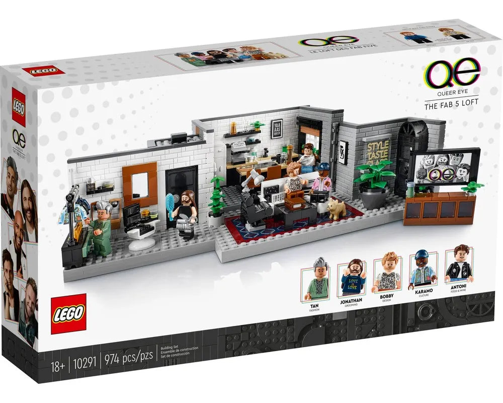 LEGO Queer Eye The Fab 5 Loft 10291 box. Features the built set with loft rooms, 5 minifigures, and product details.