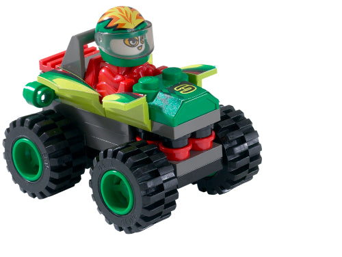 LEGO Racers 4583 Maverick Storm, a green and red race car with large wheels, driven by a minifigure with a flame helmet.