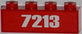 Red LEGO 1x4 brick with four studs, featuring a white '7213' number pattern on its side.