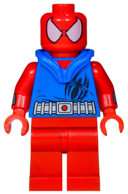 LEGO Scarlet Spider minifigure featuring a red head, blue hooded vest with a spider logo and utility belt print, red arms and legs.