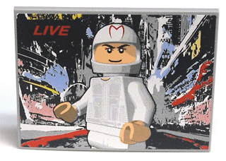 LEGO Slope 10 6 x 8 brick with sticker featuring a white minifigure racer in a helmet, 'LIVE' text, and abstract race background.