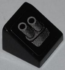 Black LEGO Slope 30 1 x 1 x 2/3 brick with a white twin exhaust pipe pattern on its left side.