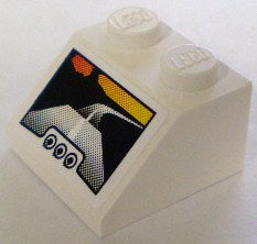 White LEGO slope 45 2x2 brick with a monitor pattern showing a white vehicle, yellow light, and orange sun.
