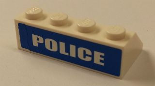 White LEGO Slope 45 2x4 brick with a blue panel featuring 'POLICE' in white text.