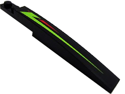 Black LEGO curved slope 10x1 with lime and red stripes pattern, right side.