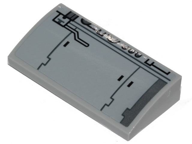 Light gray LEGO curved slope 2x4x2/3 with Millennium Falcon technical pattern, featuring black and silver details.