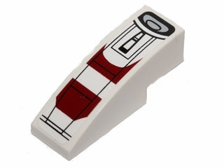 White LEGO Slope, Curved 3 x 1 brick with a black outline and dark red pattern, part of set 75037.