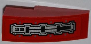 Red curved LEGO slope 3x1 with black '95' and mechanical pattern sticker, part 50950pb043.
