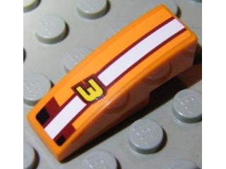 Orange LEGO curved slope 3x1 with a white stripe and a gold '3' emblem outlined in dark red.