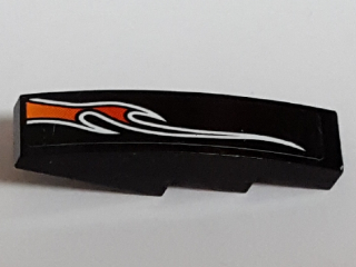 Black LEGO curved 4x1 slope piece with a large orange and red flame pattern outlined in white, model right side.