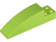 A bright lime green LEGO Slope, Curved 8 x 2 x 2 with 4 Recessed Studs, tapering to a thin edge.