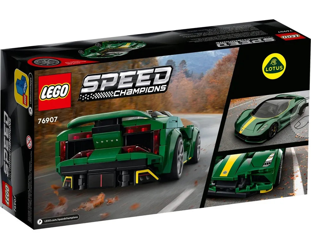 LEGO Speed Champions 76907 Lotus Evija set box, featuring the green LEGO car from the rear and front, and the real car.