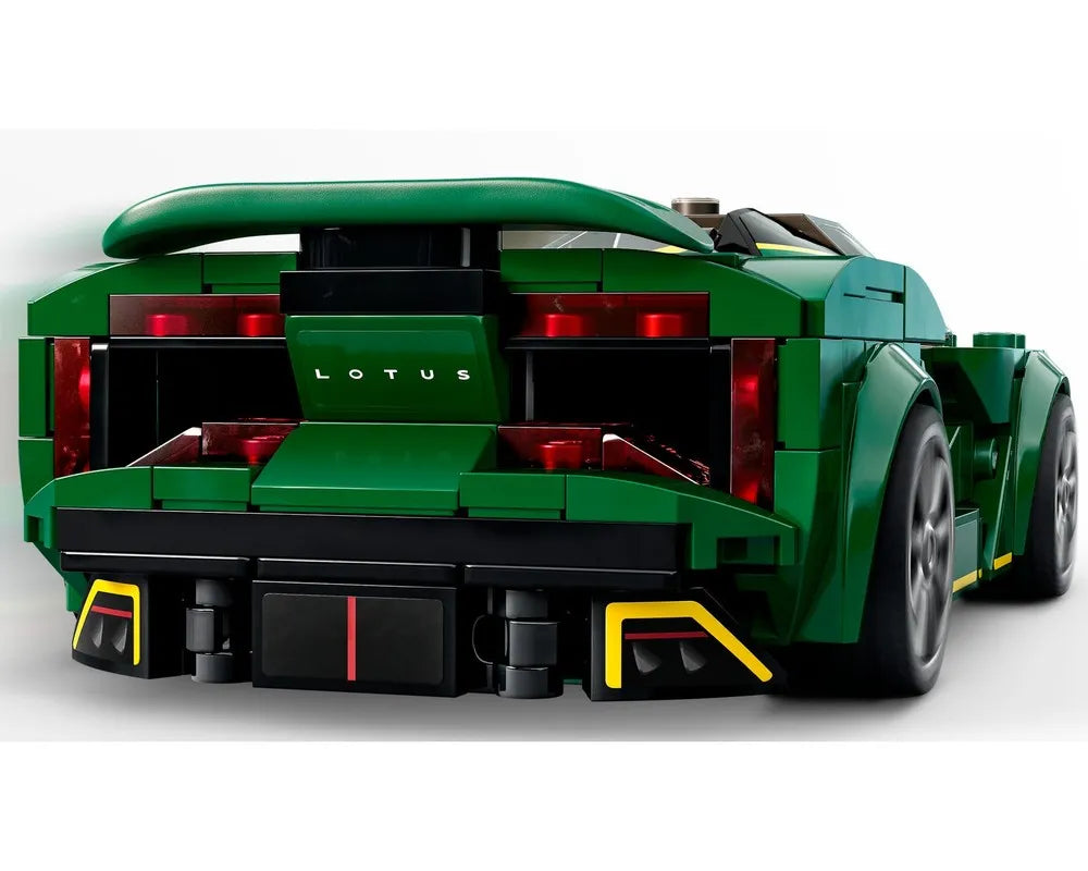 Rear view of a green LEGO Speed Champions Lotus Evija car, showing red taillights, 'LOTUS' lettering, and yellow diffuser details.