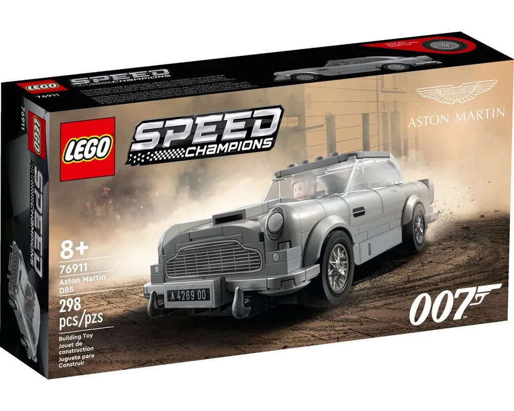 LEGO Speed Champions 76911 Aston Martin DB5 set box, showing the silver brick-built car with minifigure and 007 logo.