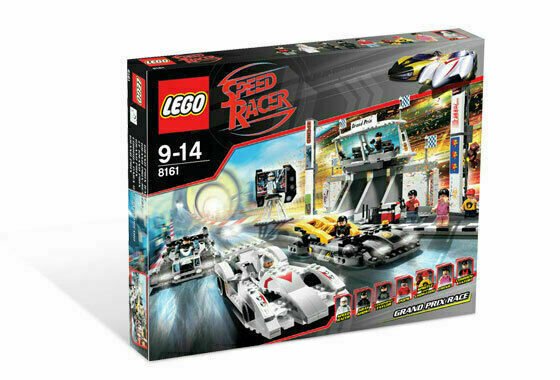 LEGO Speed Racer 8161 Grand Prix Race set box showing white and black race cars, control tower, and minifigures.