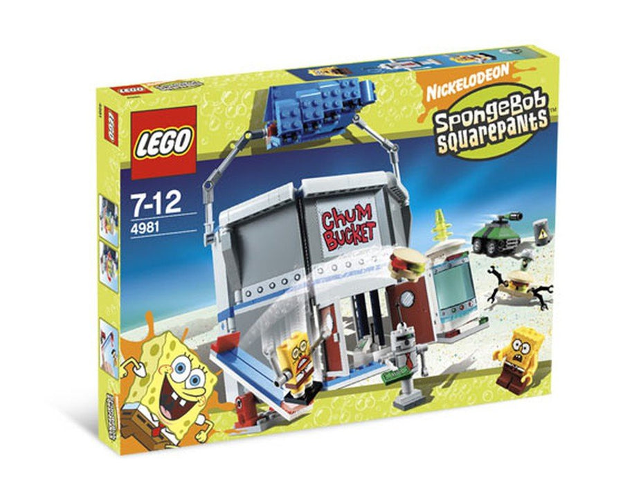 LEGO SpongeBob SquarePants The Chum Bucket set 4981 box. Shows Chum Bucket building, Plankton robot, SpongeBob, and Plankton minifigures.