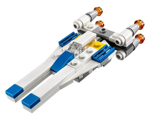 Small LEGO Star Wars U-Wing Fighter mini build, featuring white, blue, and grey bricks with a clear cockpit and gold engines.