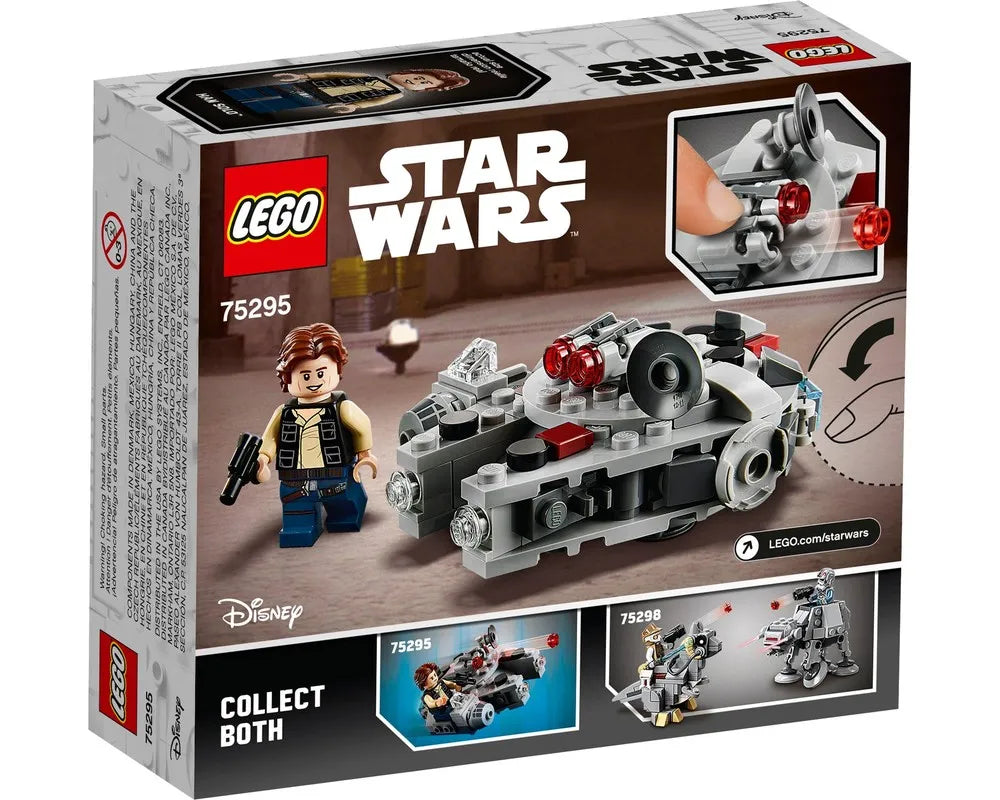 Back of LEGO Star Wars 75295 box showing Han Solo minifigure and Millennium Falcon Microfighter with firing studs.