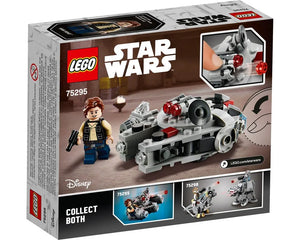 Back of LEGO Star Wars 75295 box showing Han Solo minifigure and Millennium Falcon Microfighter with firing studs.
