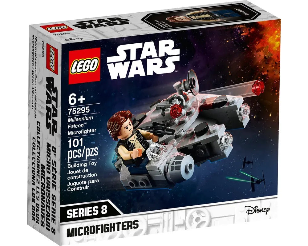 LEGO Star Wars 75295 Millennium Falcon Microfighter box showing the build and Han Solo minifigure.
